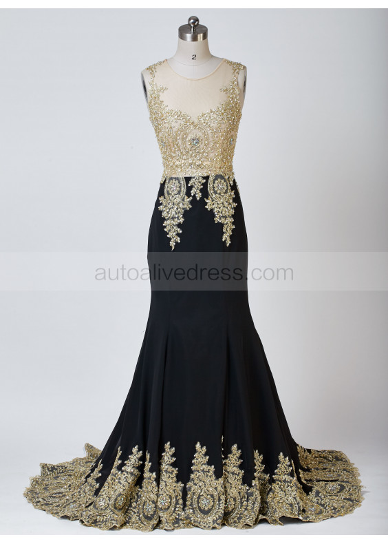 Mermaid Sheer Neckline Gold Lace Black Chiffon Beading Long Prom Dress